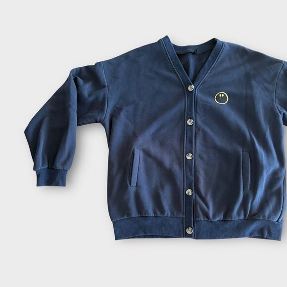 Minimalist Navy Smiley Button-Up Cardigan | Street Style Layer | Cozy Oversized - Picture 2 of 6
